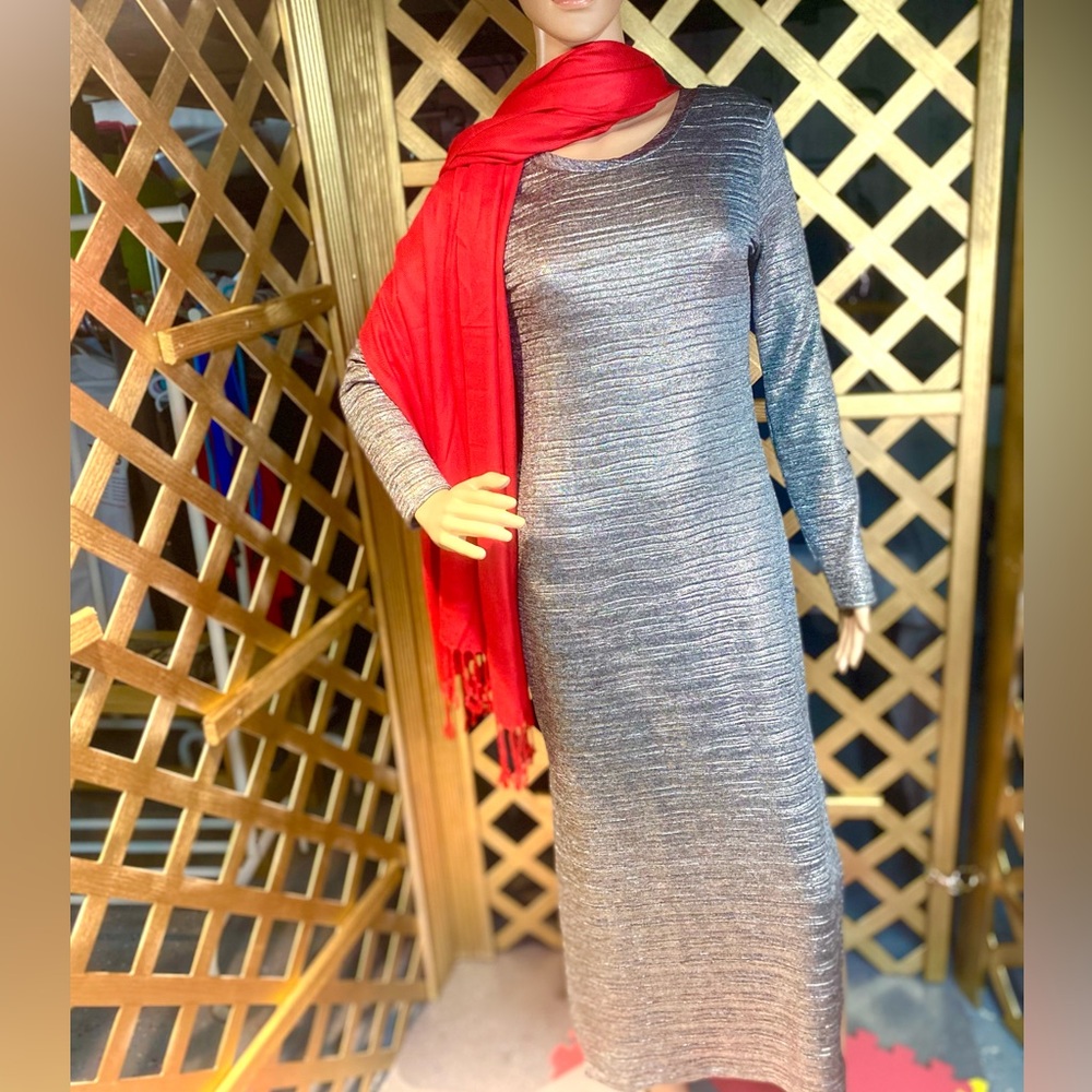 Elegant Long Sleeve Gray Dress with Red Scarf
